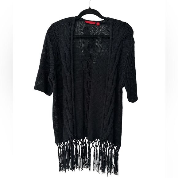 R.E.D Black Open Front Crochet Draped Cardigan With String Detail Sz L Kimono - Picture 1 of 8